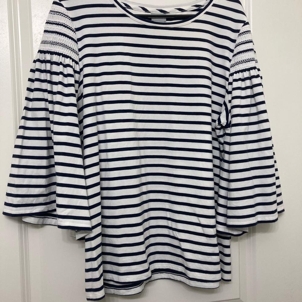 Chico's White and Blue Bell Sleeve Blouse Relaxed Fit
